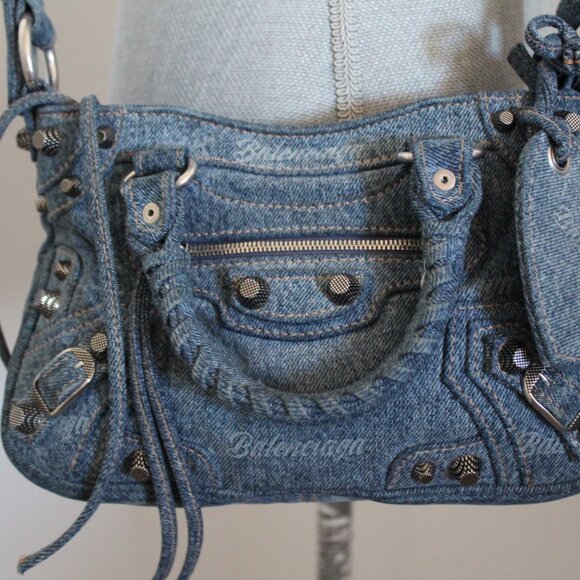 Balenciaga  Bag Girly Allover Denim Shoulder Bag Crossbody Top Handle Rivets - Picture 13 of 14
